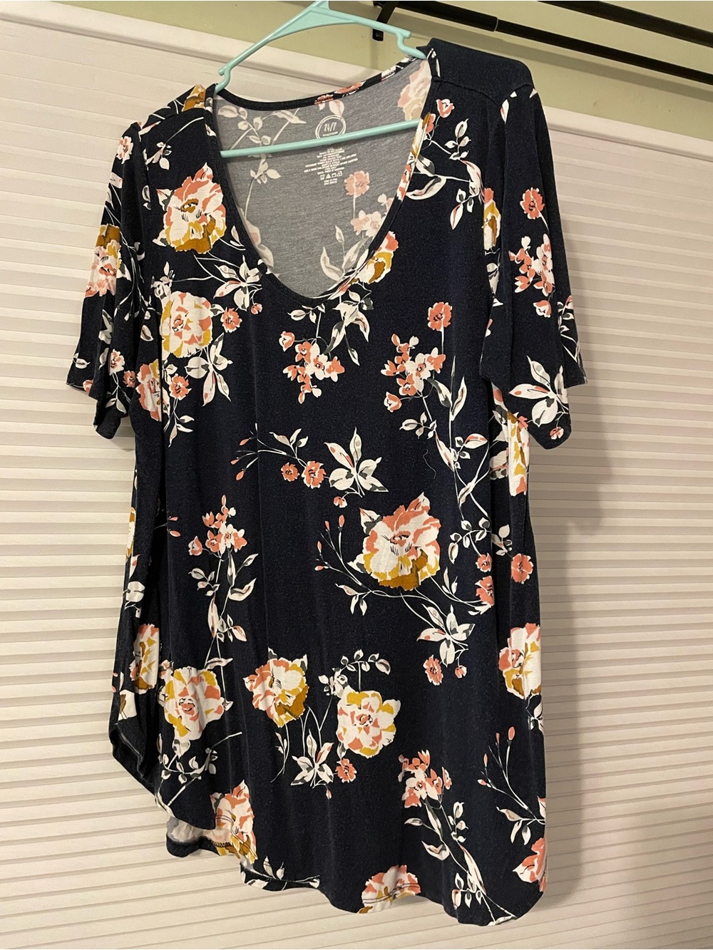 Maurices Black Floral V-Neck Tunic with Navy, Pink & Cream Flowers